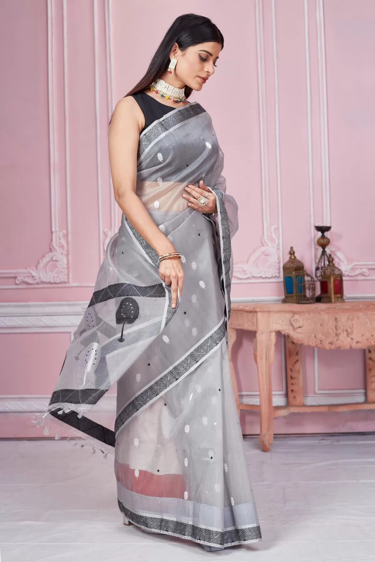 92A214 Light Grey Banarasi Saree With Scattered Buti