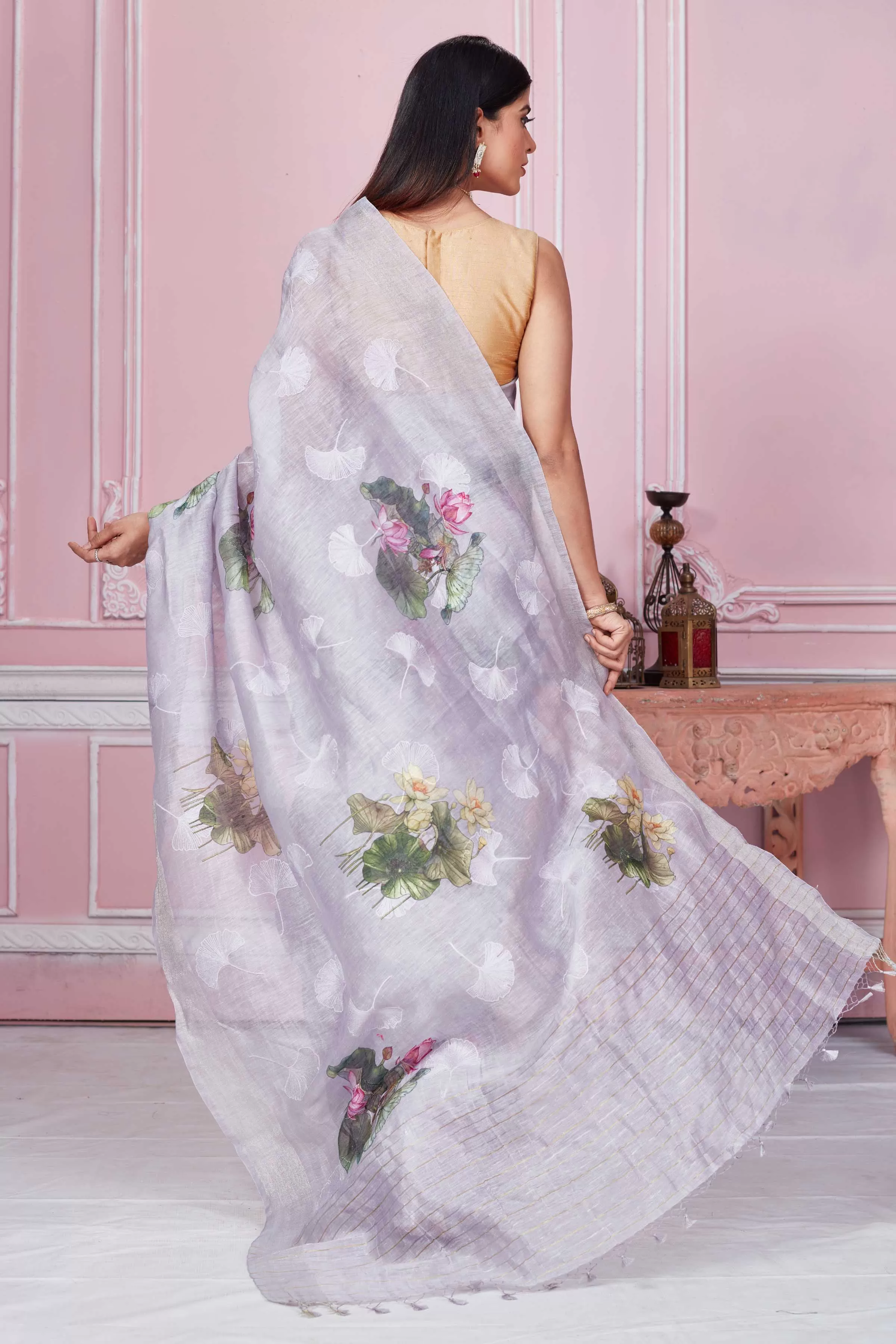 92A217 Light Grey Floral Print Banarasi Saree