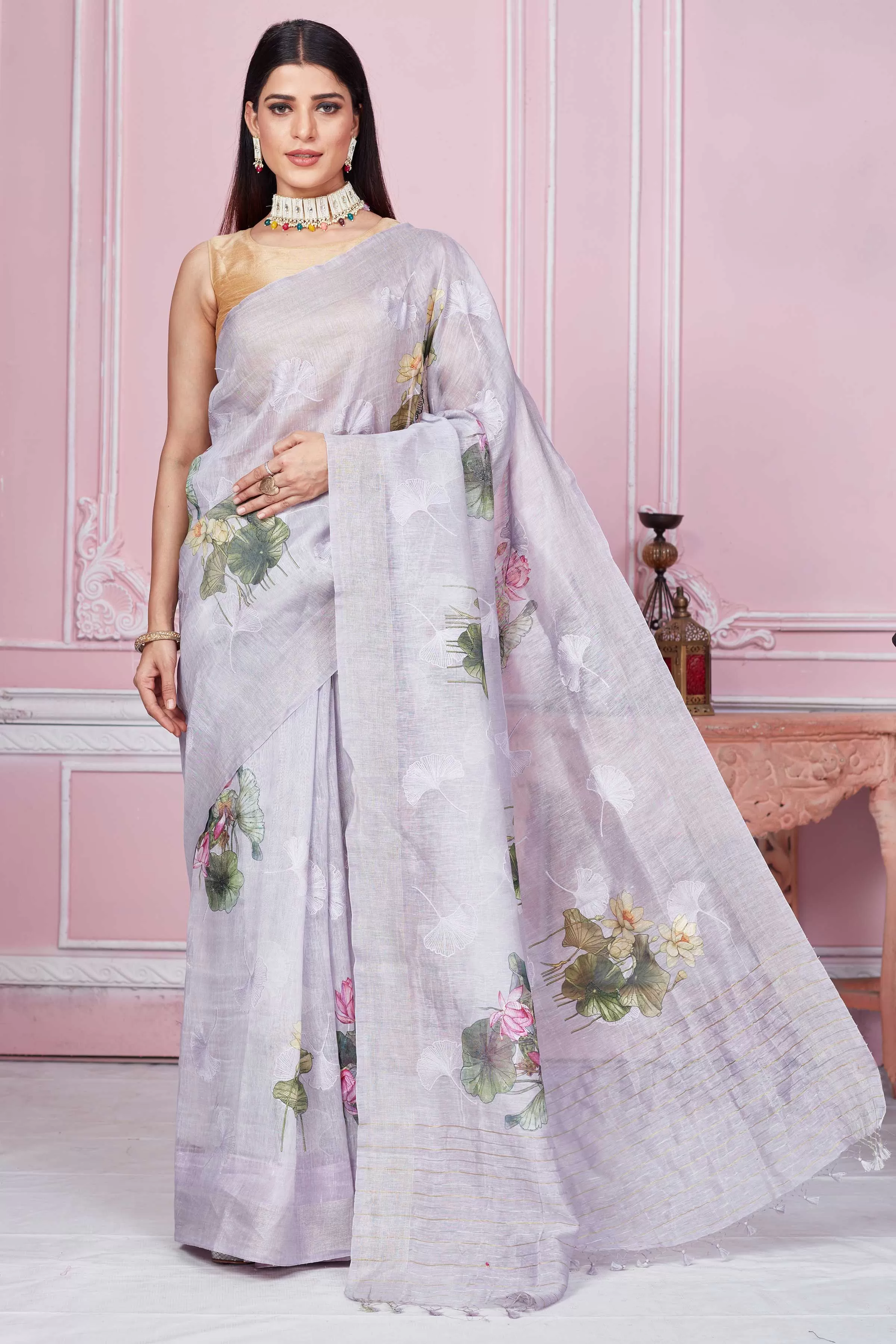 92A217 Light Grey Floral Print Banarasi Saree