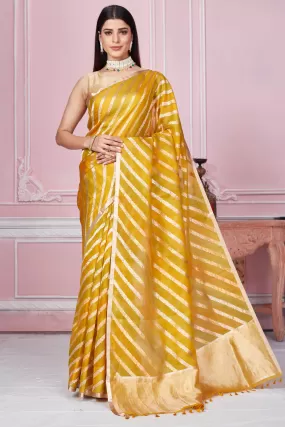 92A222 Mustard  Zari Stripes Banarasi Saree