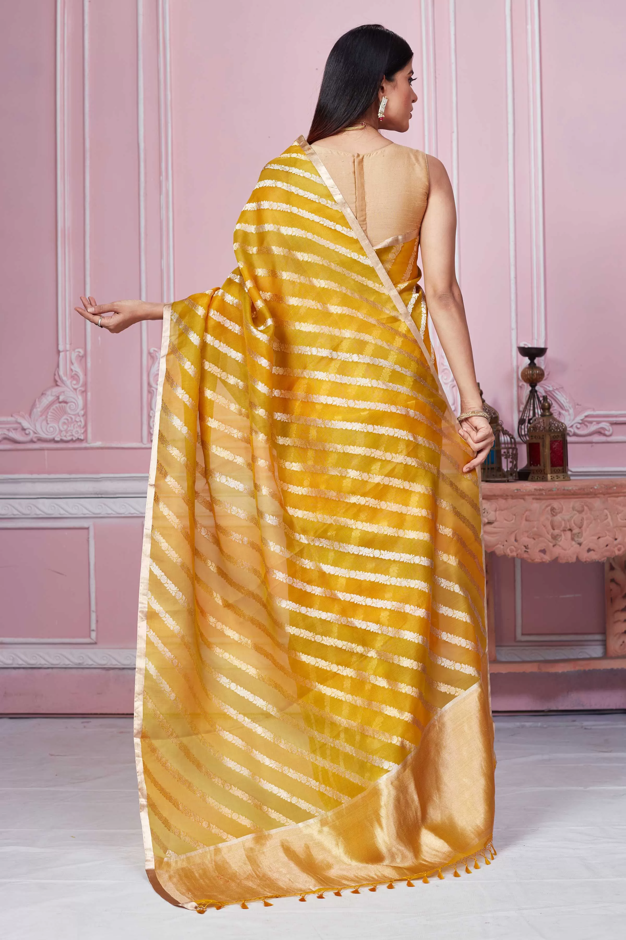 92A222 Mustard  Zari Stripes Banarasi Saree