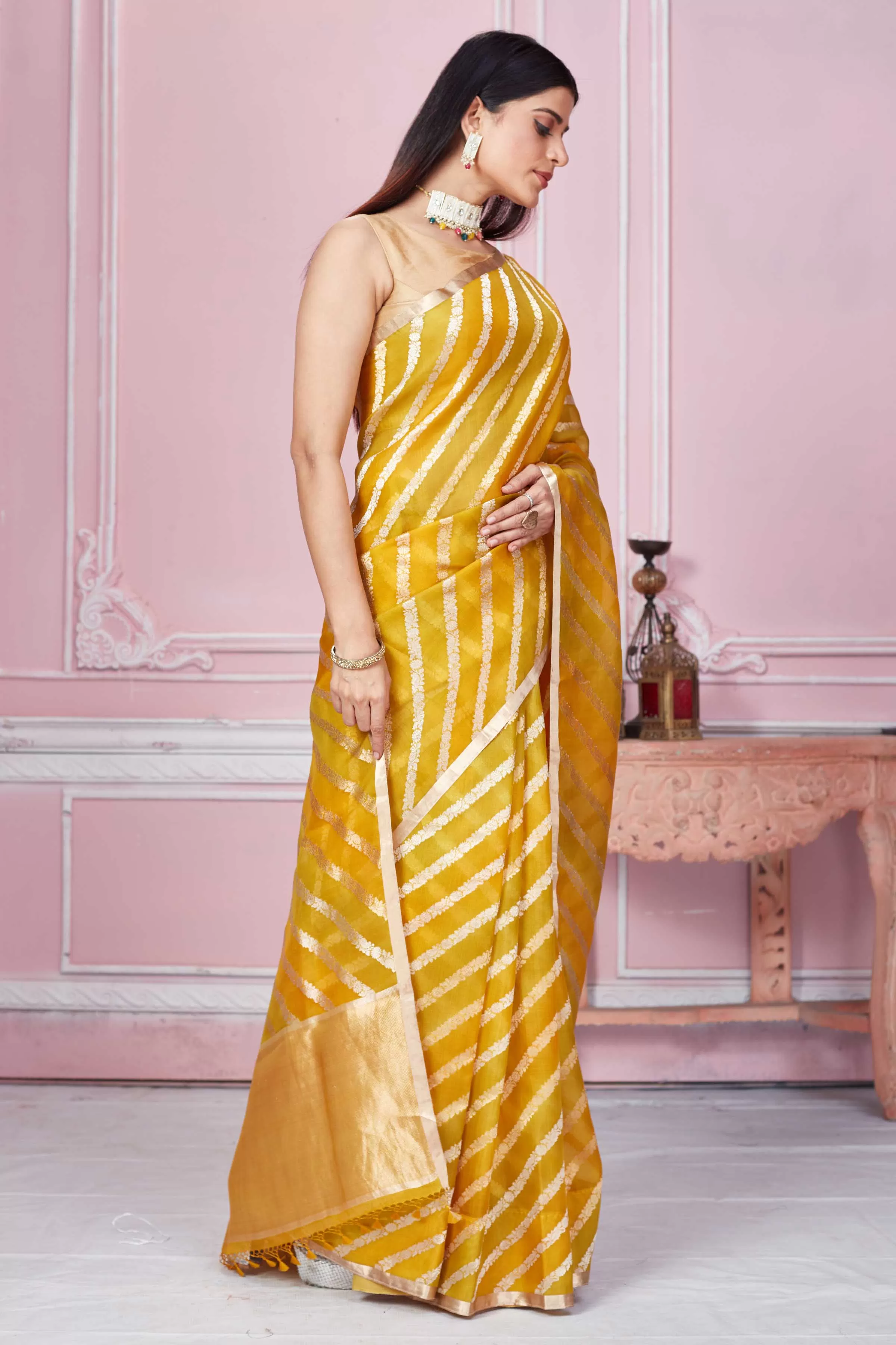 92A222 Mustard  Zari Stripes Banarasi Saree