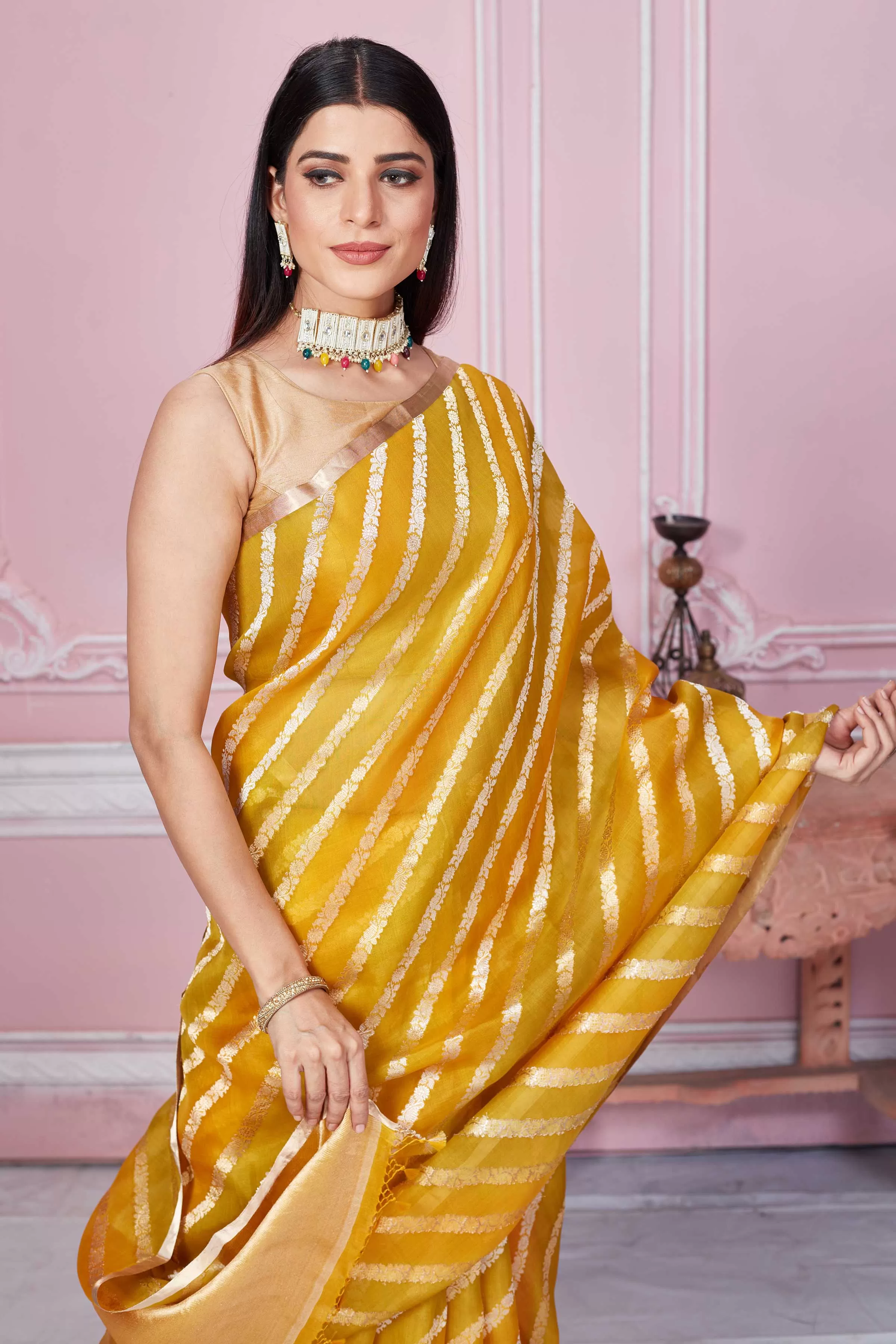 92A222 Mustard  Zari Stripes Banarasi Saree