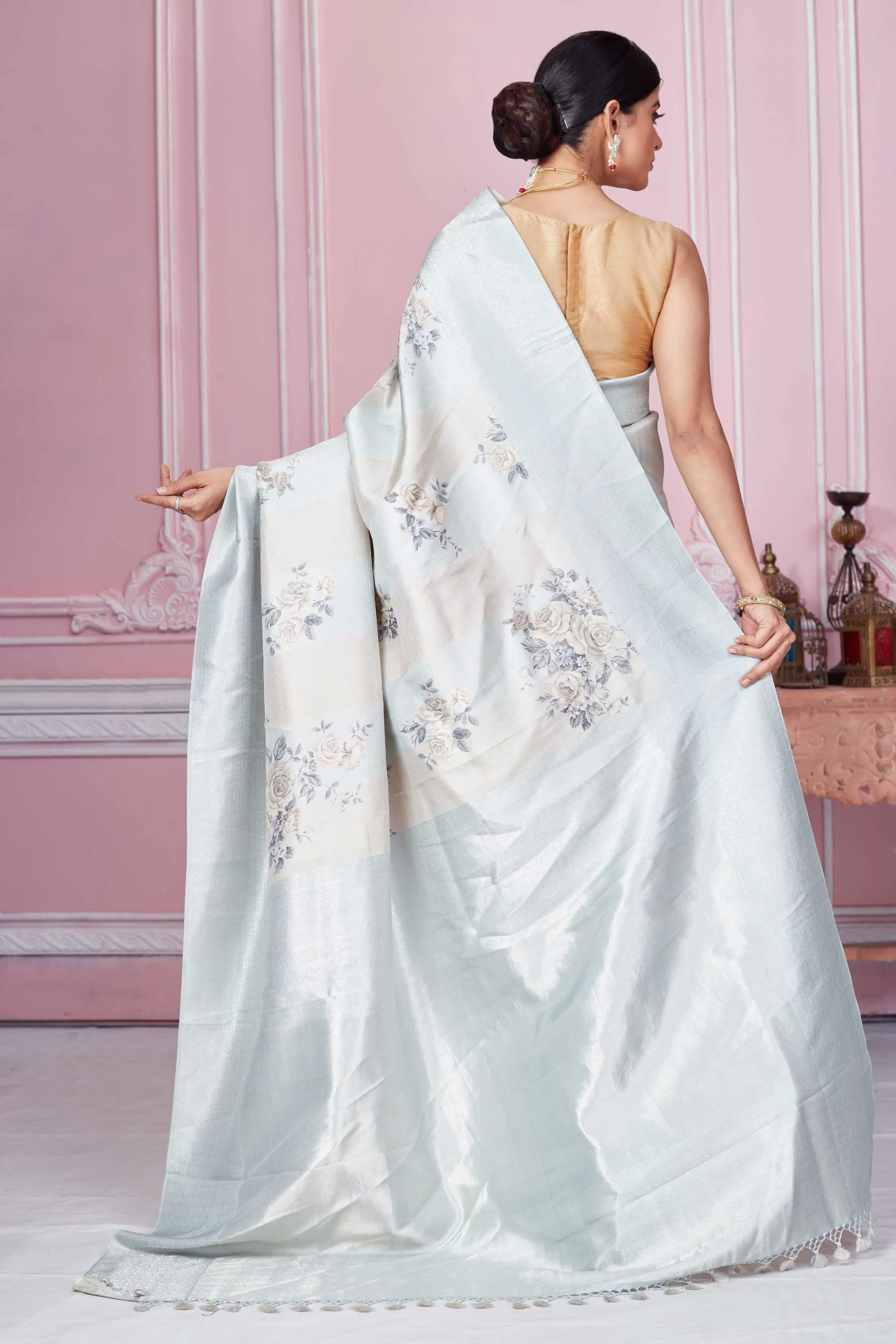 92A225 Powder Blue Floral Banarasi Saree With Zari Border