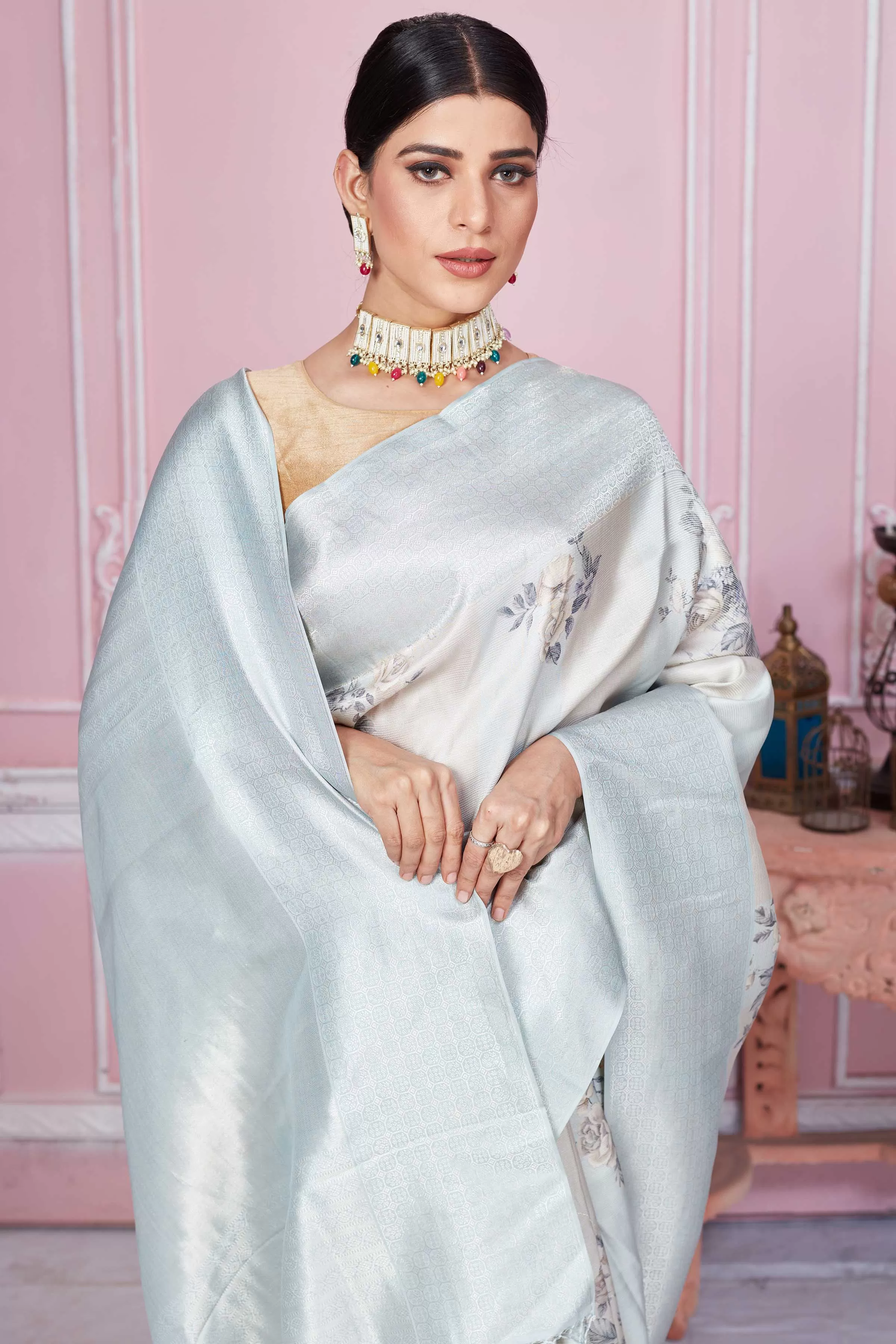 92A225 Powder Blue Floral Banarasi Saree With Zari Border