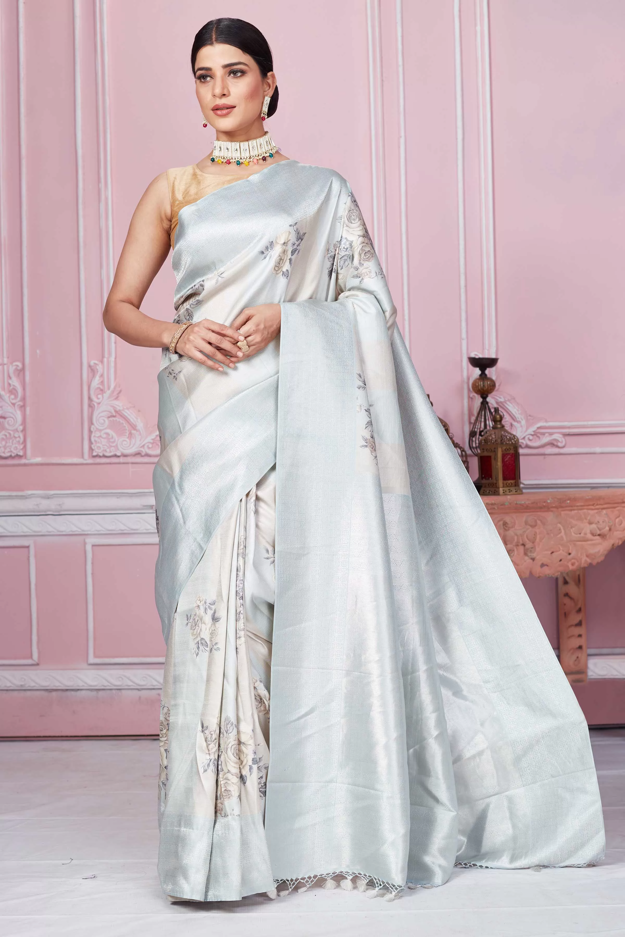 92A225 Powder Blue Floral Banarasi Saree With Zari Border