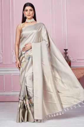 92A227 Grey Floral Banarasi Saree With Zari Border