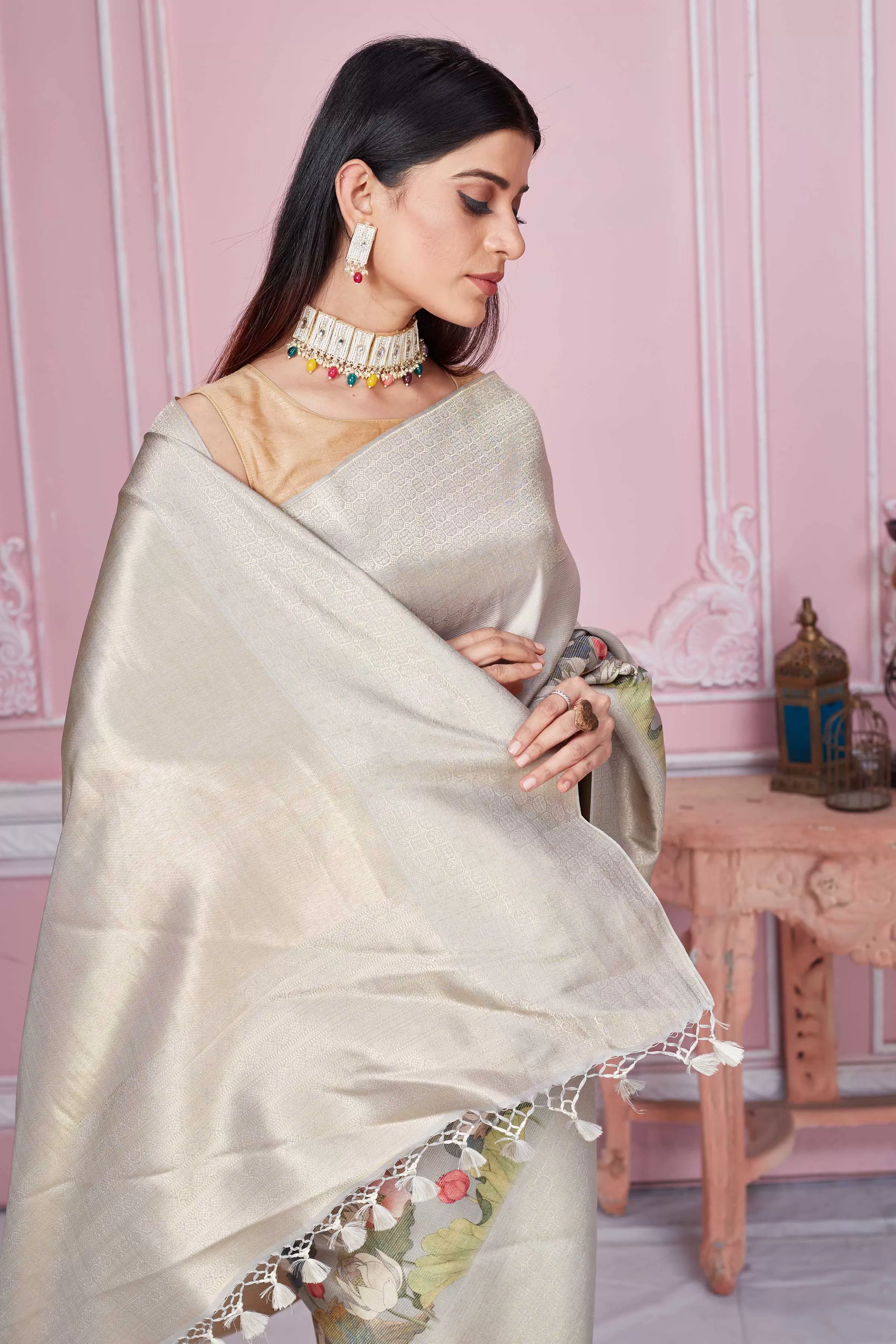 92A227 Grey Floral Banarasi Saree With Zari Border