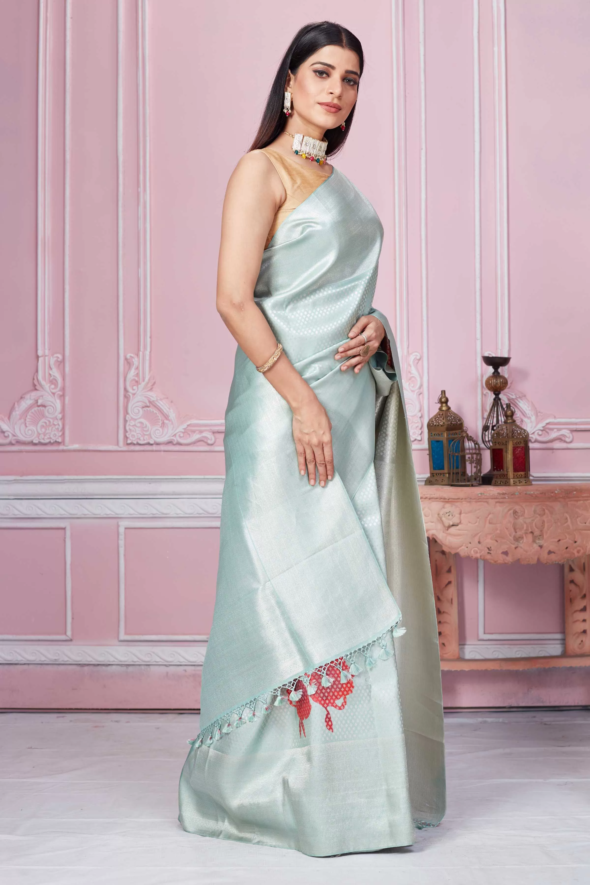 92A231 Sage Green Banarasi Saree With Red Floral Design