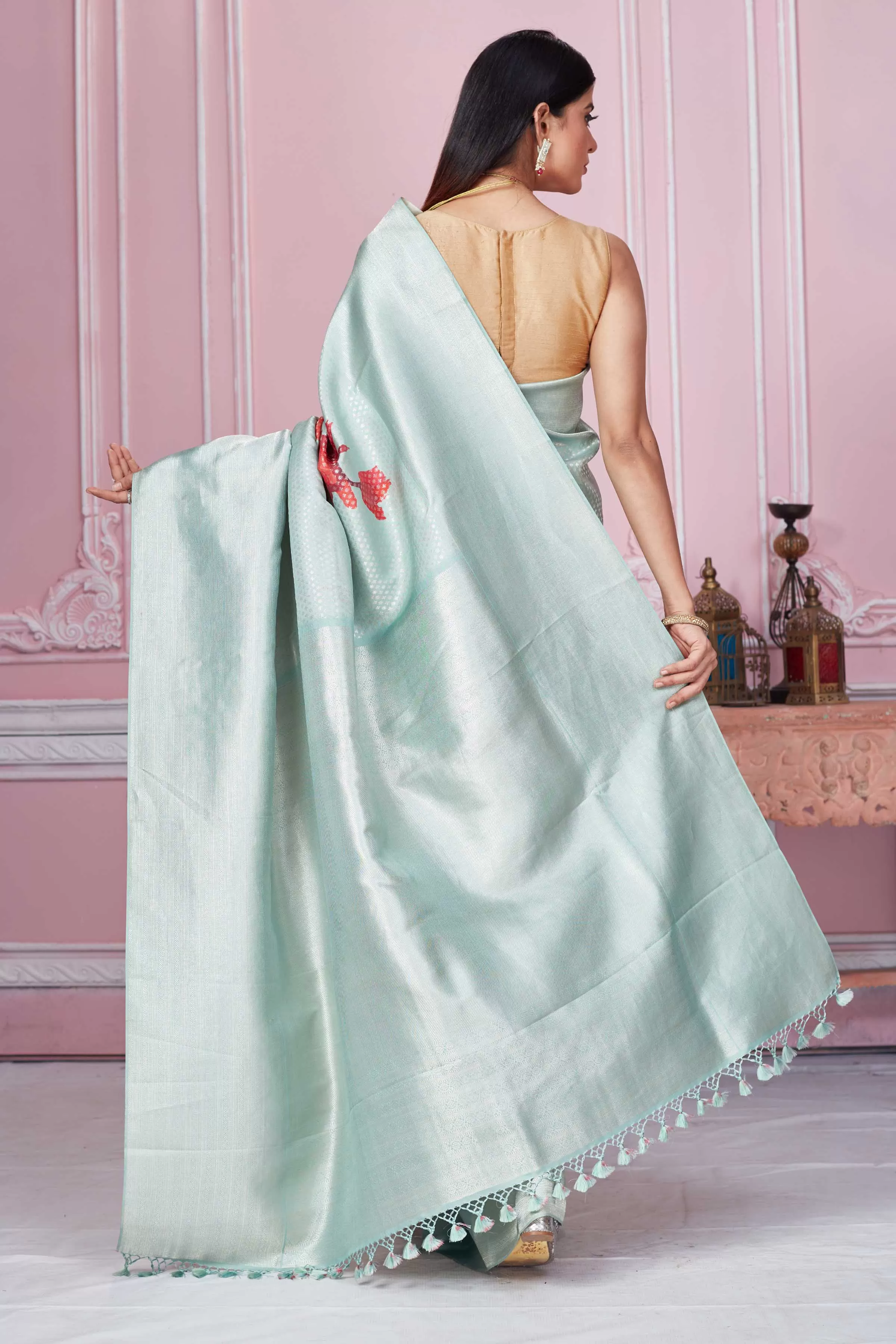 92A231 Sage Green Banarasi Saree With Red Floral Design