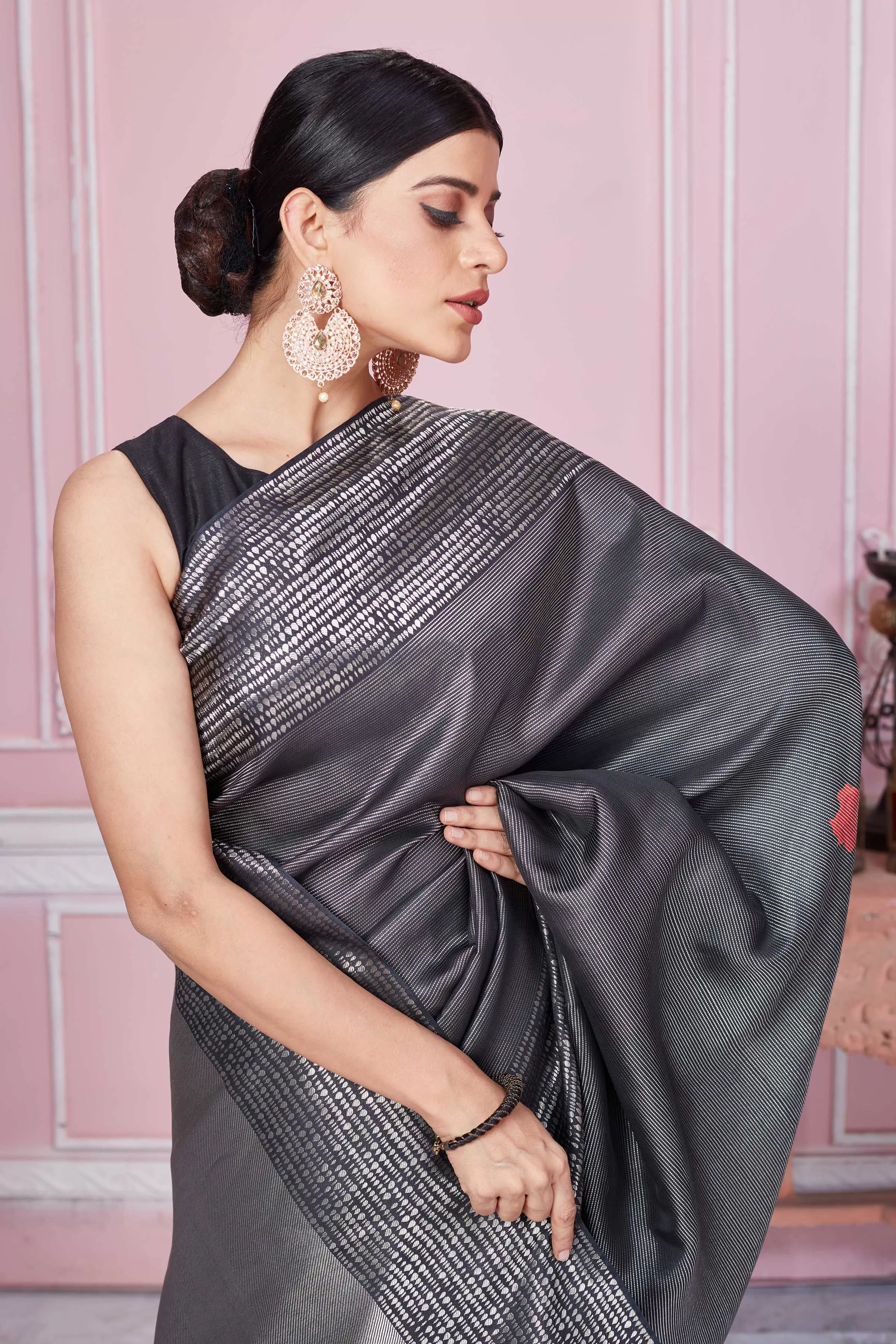 92A233 Charcoal Grey Floral Banarasi Saree With Zari Border