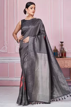 92A233 Charcoal Grey Floral Banarasi Saree With Zari Border