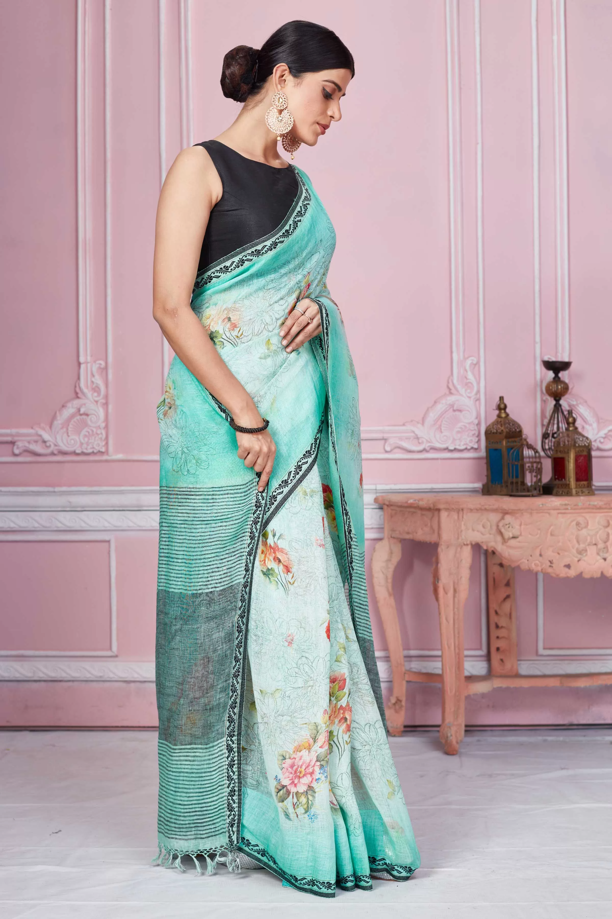 92A282 Pastel Green Floral Linen Sari