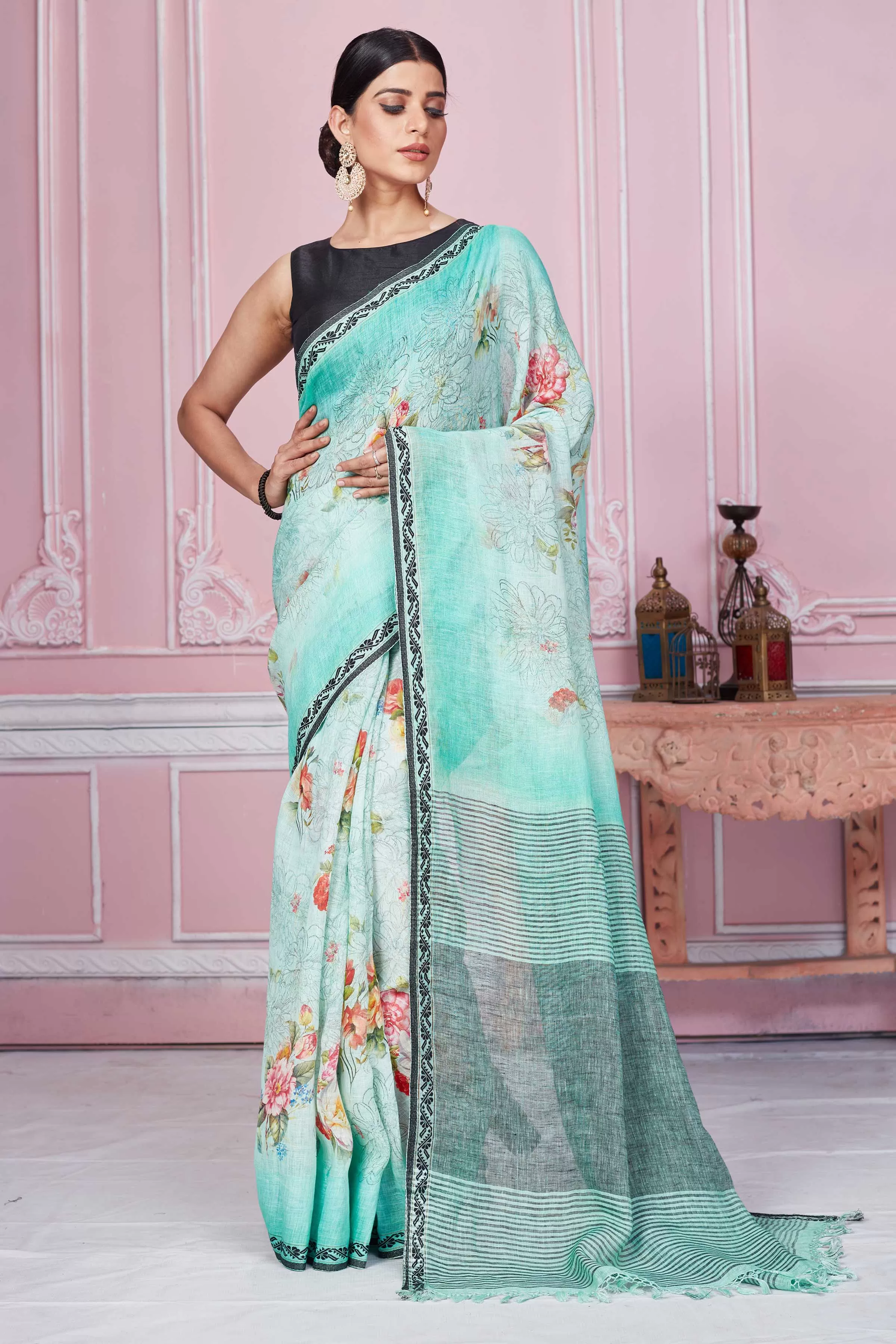 92A282 Pastel Green Floral Linen Sari