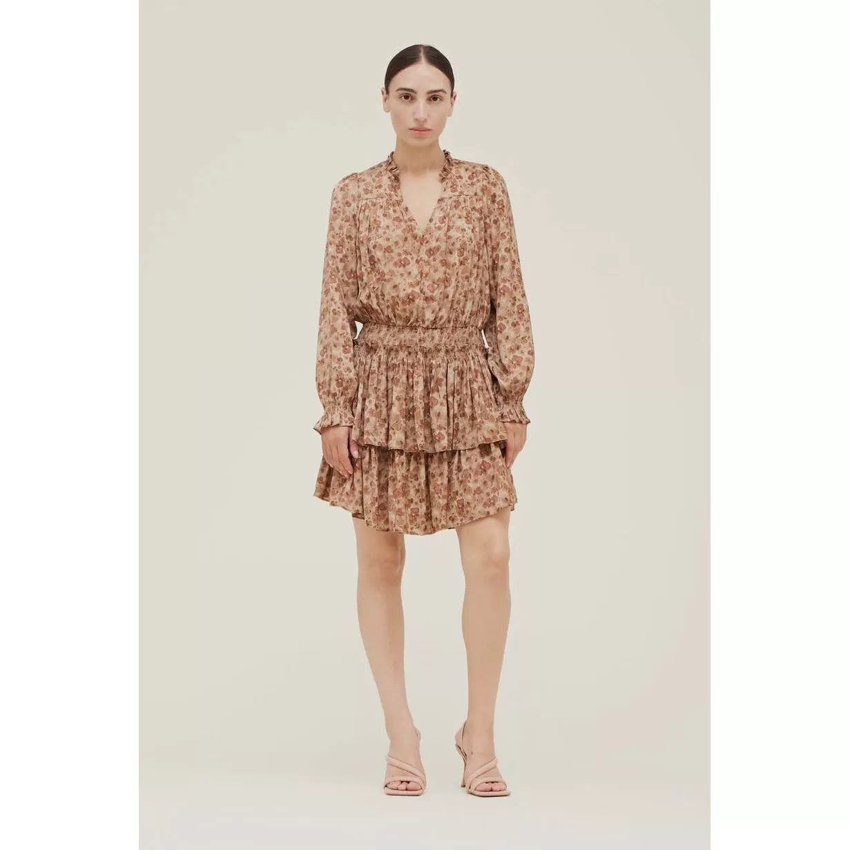 Alessia Sepia Grade and Gather Print Smock Waist Mini Dress-SALE