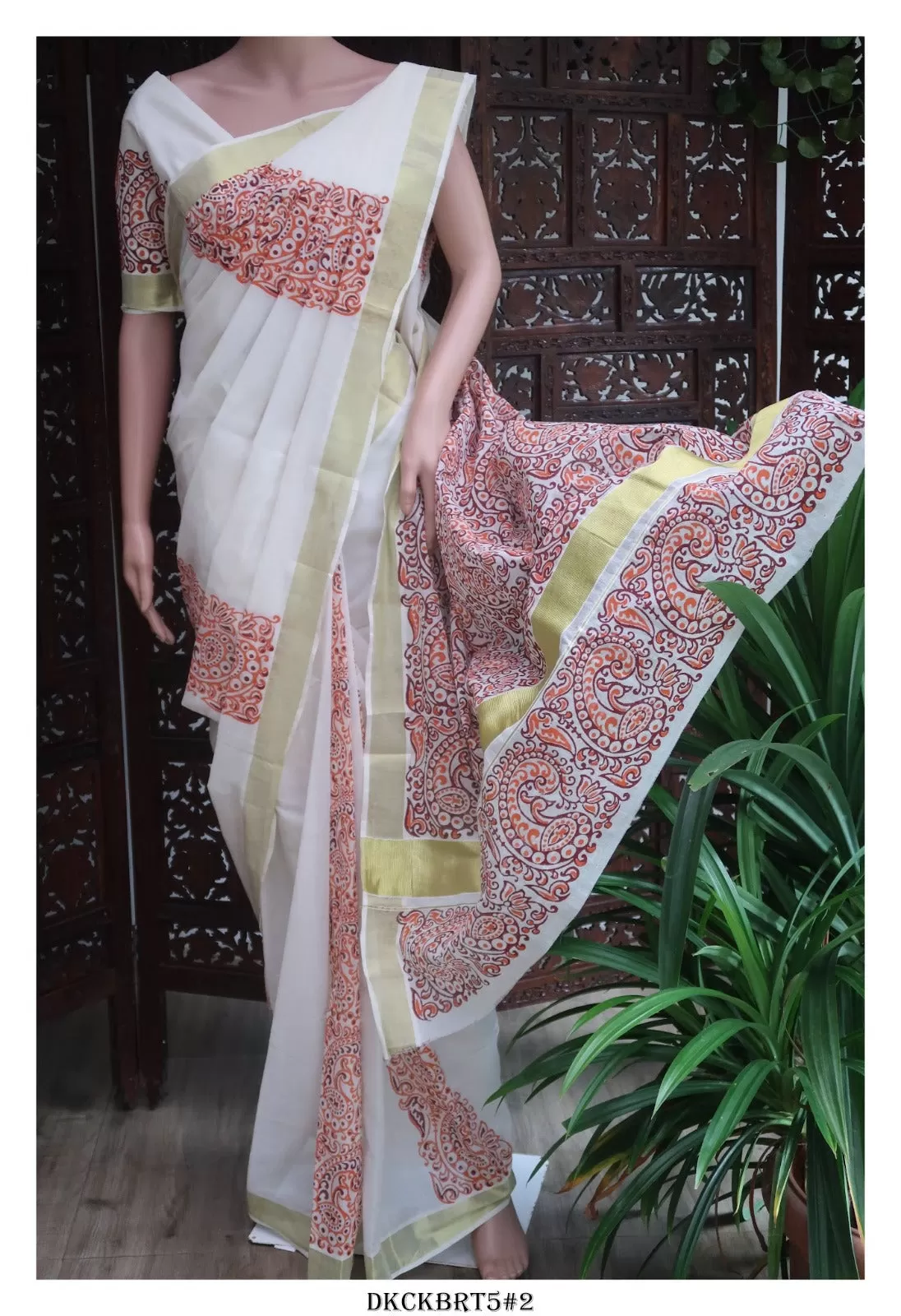 Ammini , Hand Block Printed Kerala Cotton Saree with Blouse -KIA001KSOD