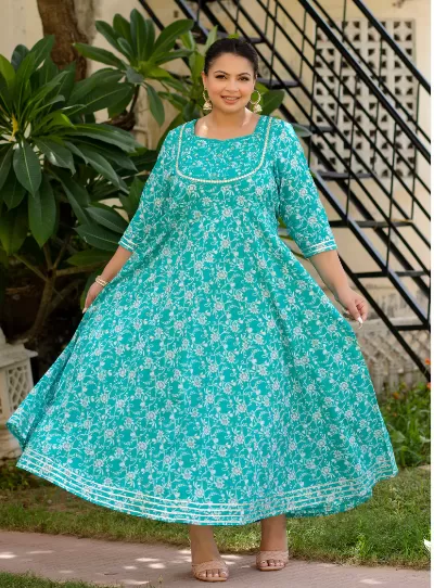 Anarkali Plus Size Turquoise Kurti Dupatta Set of 2