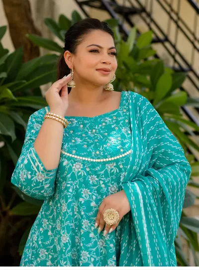 Anarkali Plus Size Turquoise Kurti Dupatta Set of 2