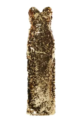 ARIEL GOLD STRAPLESS MIDI DRESS