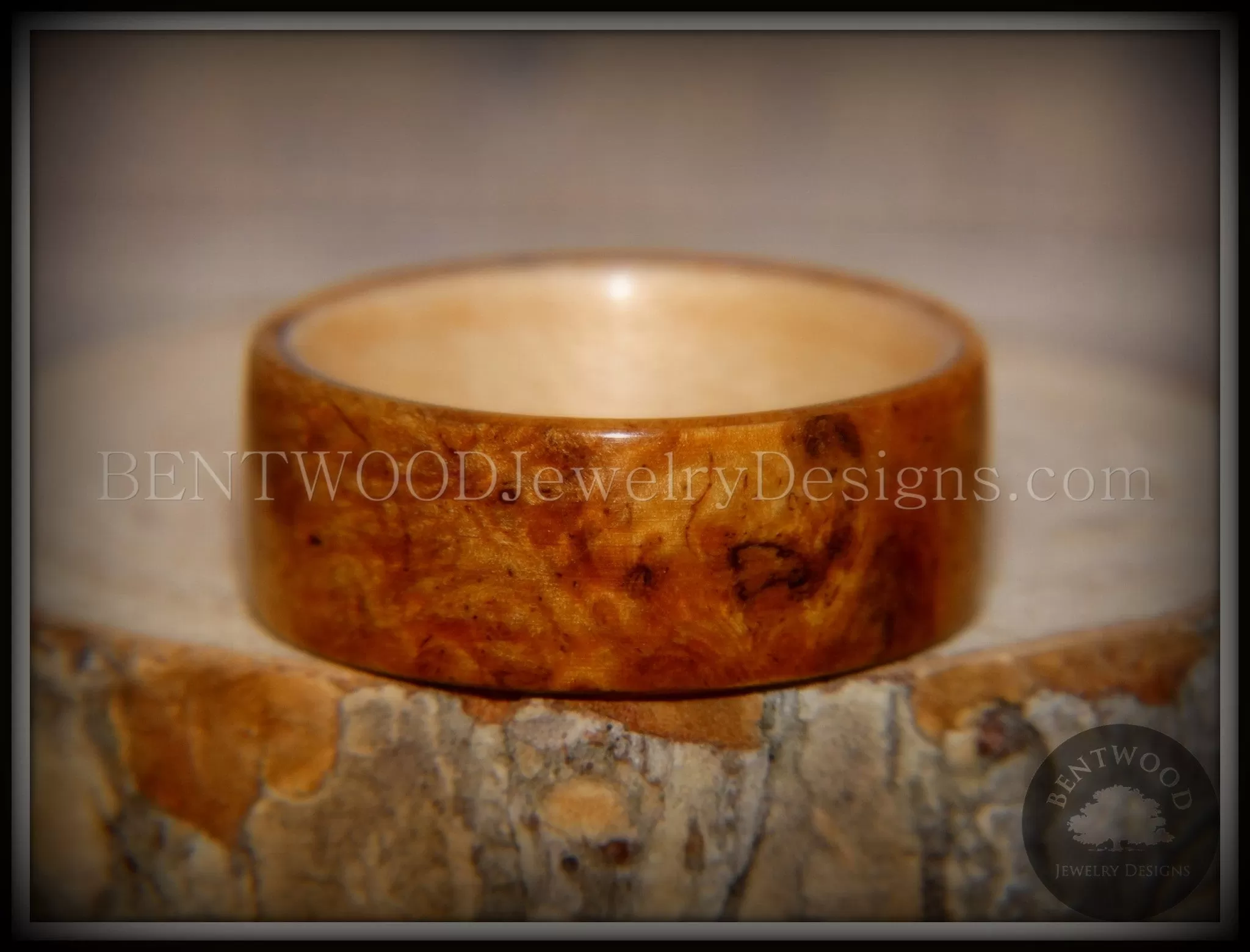 Bentwood Ring - Golden Amboyna Burl with Canadian Maple Liner