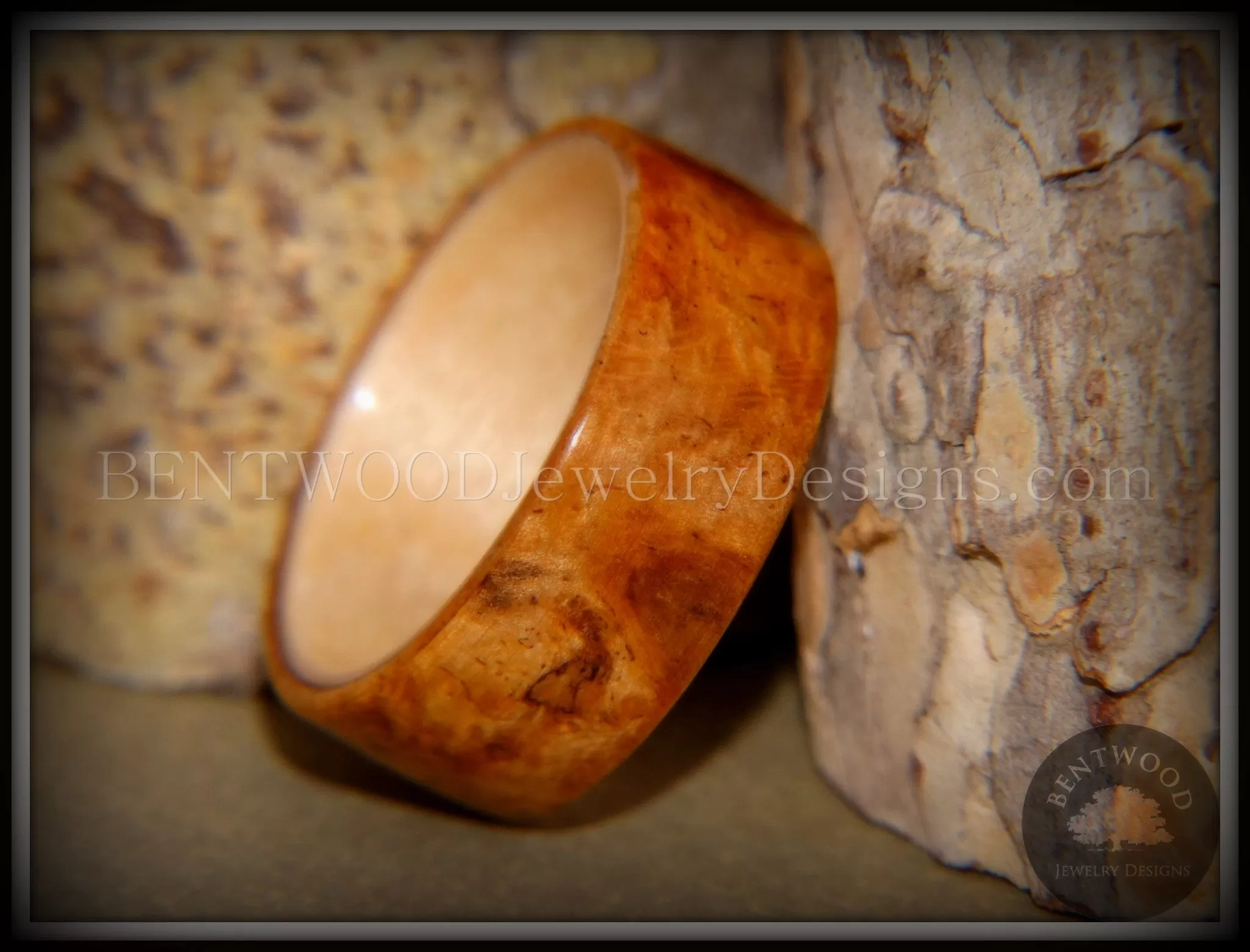 Bentwood Ring - Golden Amboyna Burl with Canadian Maple Liner