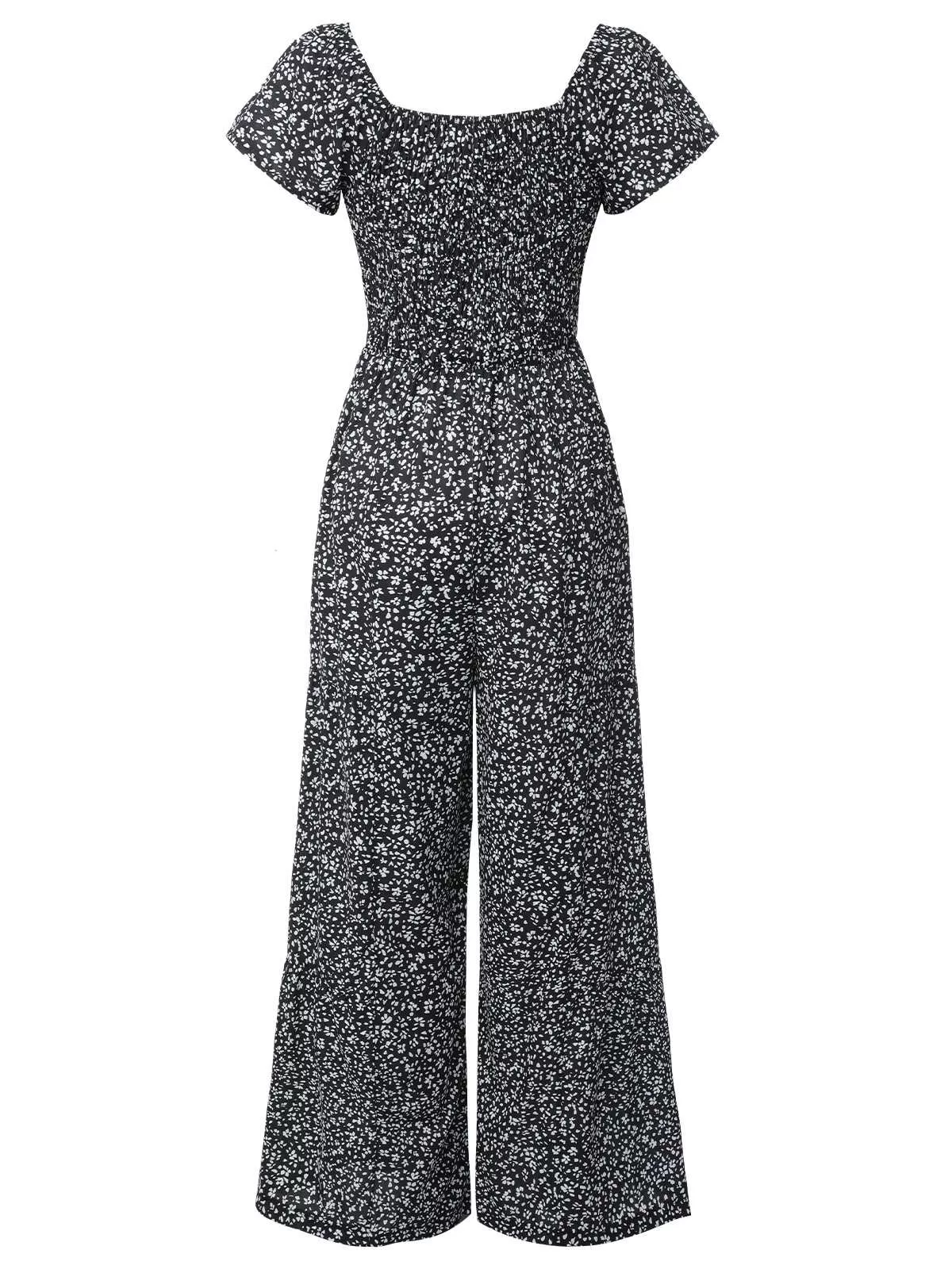 Black 1930s Square Neck Floral Jumpsuit