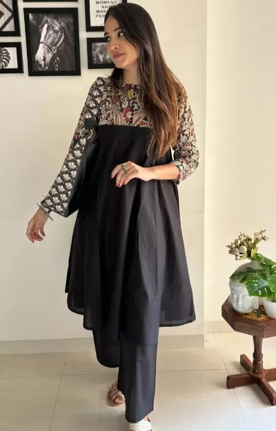 Black Cotton Printed  Kurti Palazzo Set Of 2