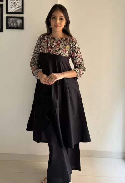 Black Cotton Printed  Kurti Palazzo Set Of 2