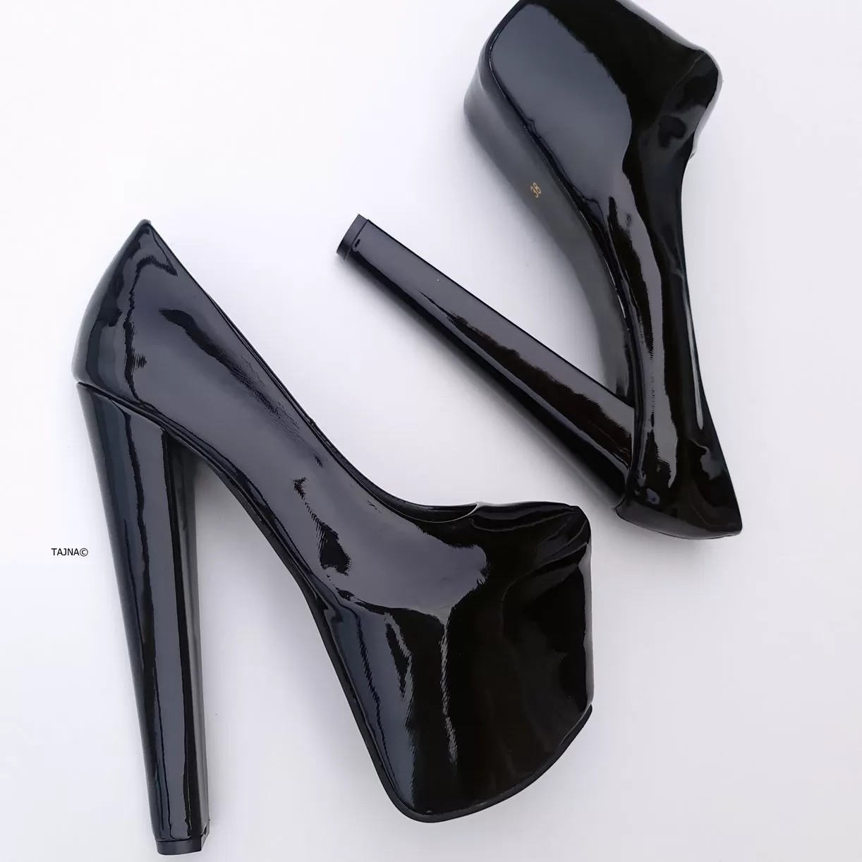 Black Gloss Chunky High Heel Platform Pumps