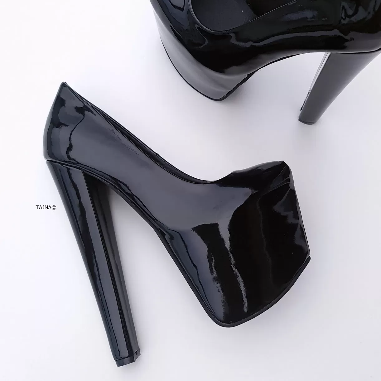 Black Gloss Chunky High Heel Platform Pumps