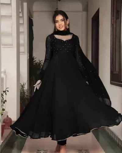 Black Gold Georgette Long Anarkali Dupatta Set