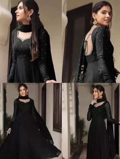 Black Gold Georgette Long Anarkali Dupatta Set