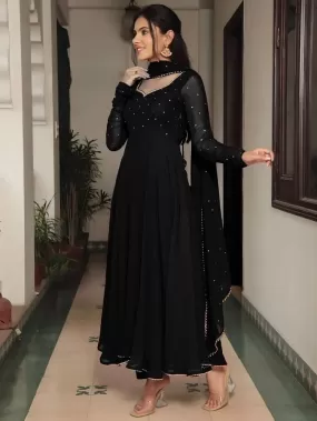 Black Gold Georgette Long Anarkali Dupatta Set