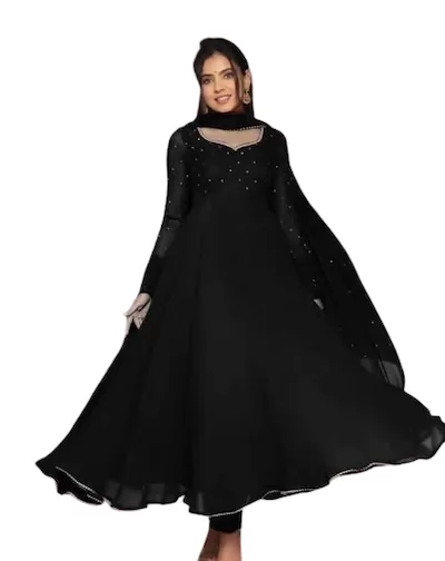 Black Gold Georgette Long Anarkali Dupatta Set