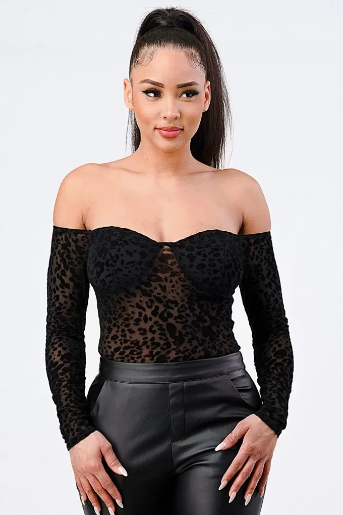 Black Leopard Print Off Shoulder Bodysuit