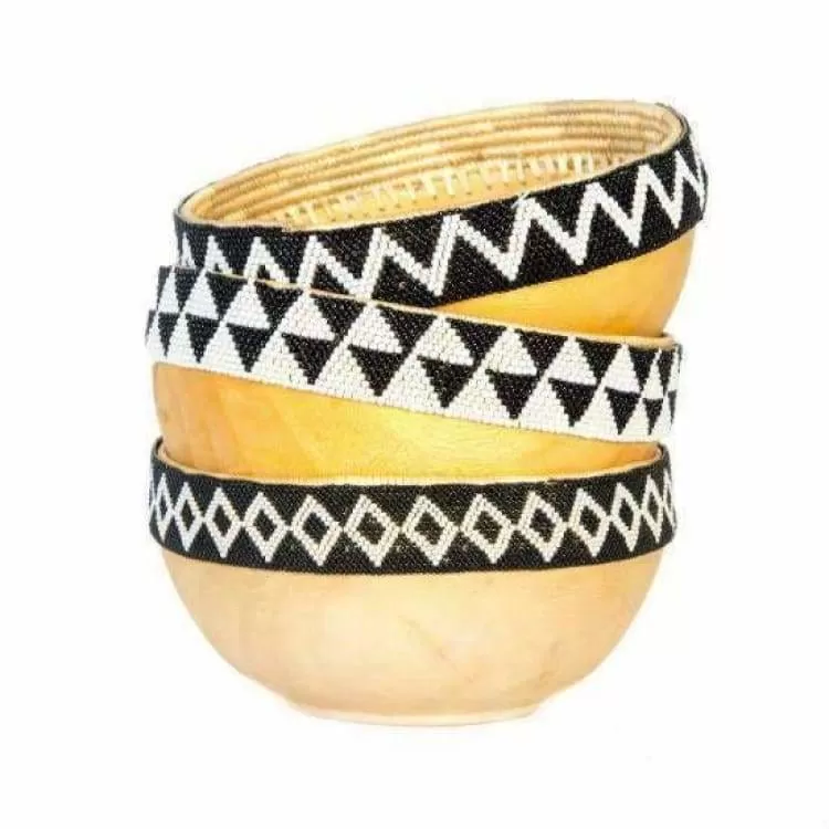 Black   White Beaded Wooden Bowl II