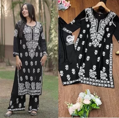 Black white Cotton Chikankari Kurti Plazo Set