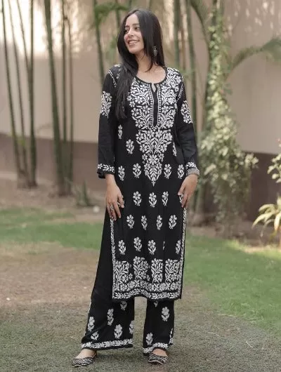 Black white Cotton Chikankari Kurti Plazo Set