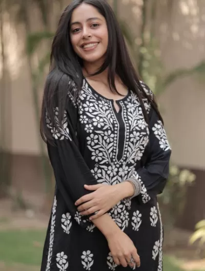 Black white Cotton Chikankari Kurti Plazo Set