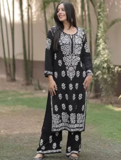 Black white Cotton Chikankari Kurti Plazo Set