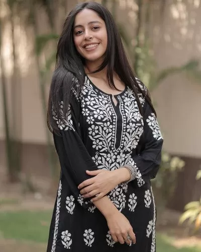 Black white Cotton Chikankari Kurti Plazo Set