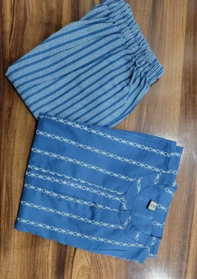 Blue Cotton Bantan Work Kurti Pant Set