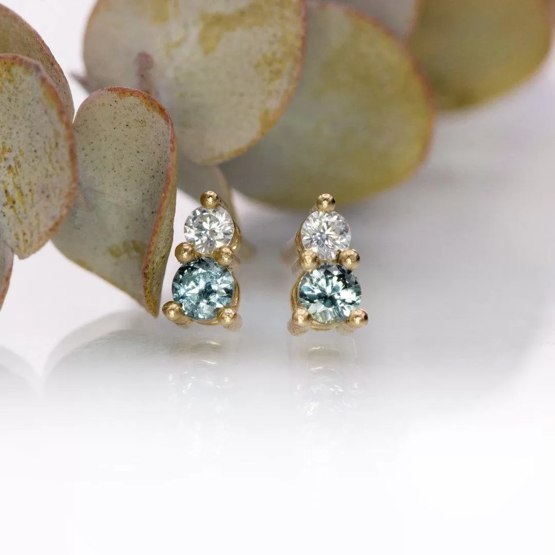 Blue-Green Montana Sapphire & Moissanite Stud Earrings