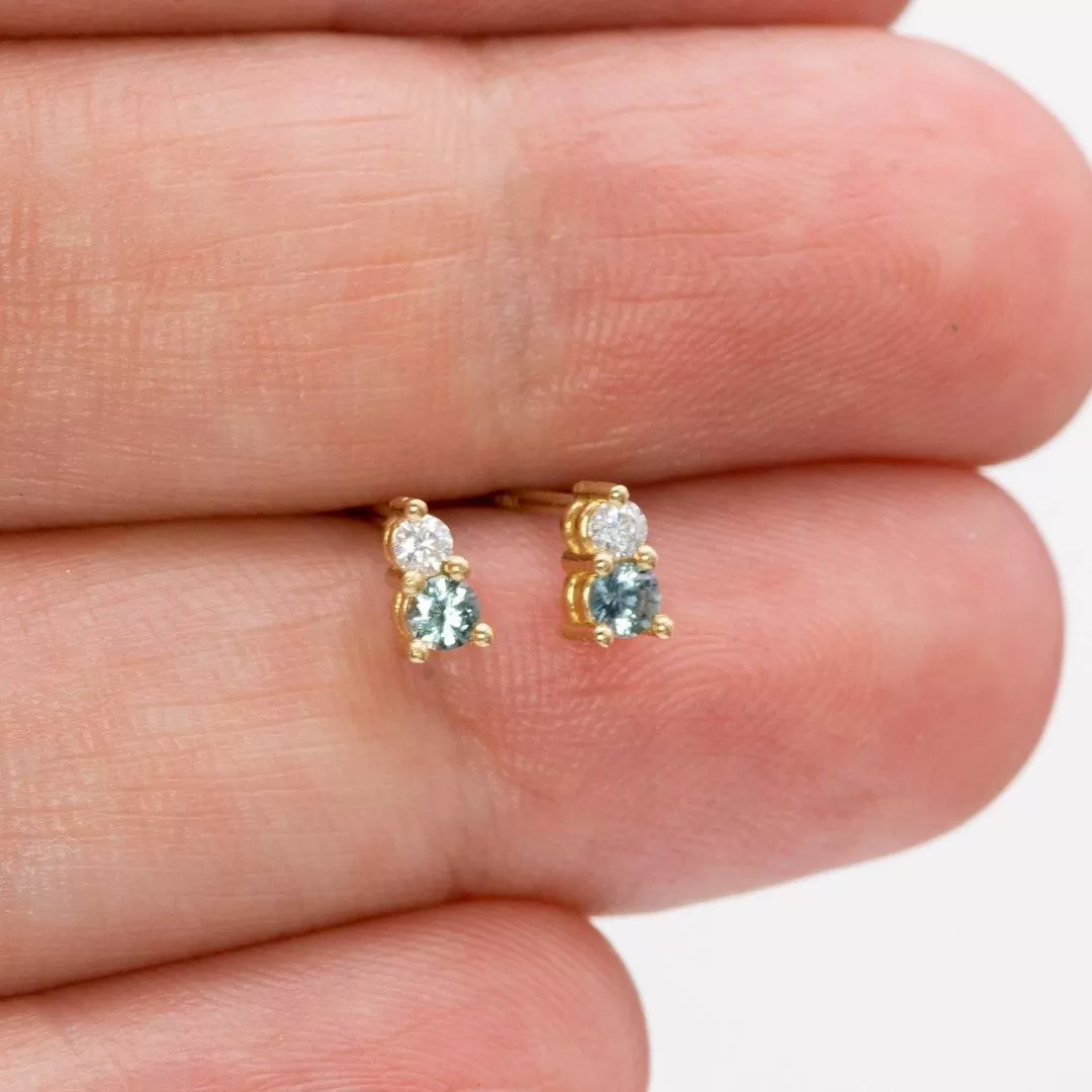 Blue-Green Montana Sapphire & Moissanite Stud Earrings