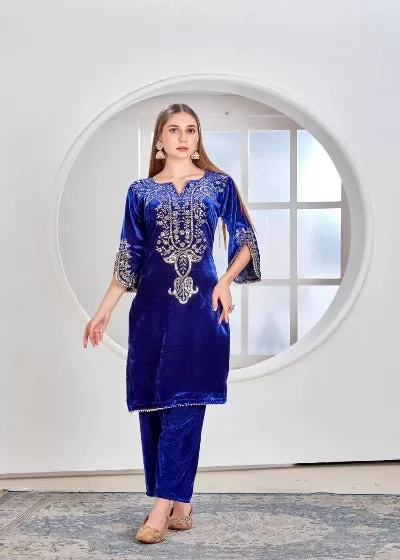 Blue Heavy Embroidered Velvet Full Sleeves Kurti Pant Set