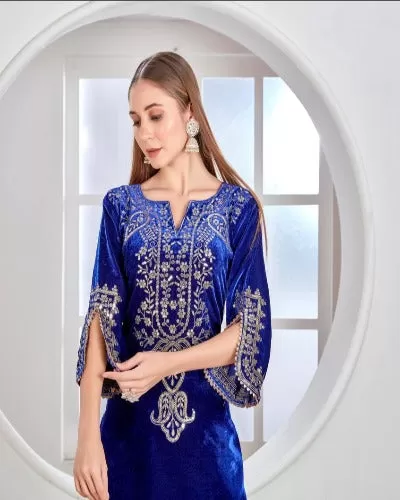 Blue Heavy Embroidered Velvet Full Sleeves Kurti Pant Set