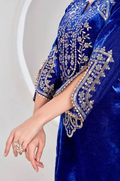 Blue Heavy Embroidered Velvet Full Sleeves Kurti Pant Set