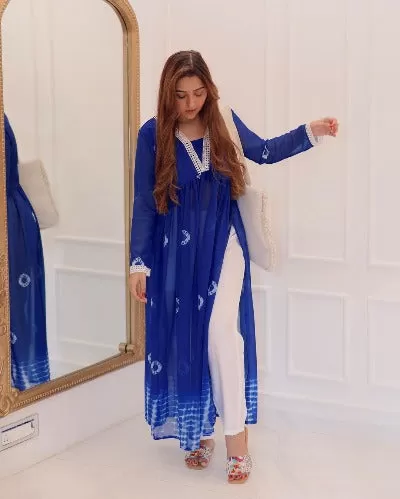 Blue Shaded Georgette Kurti With Pant Set Of 2