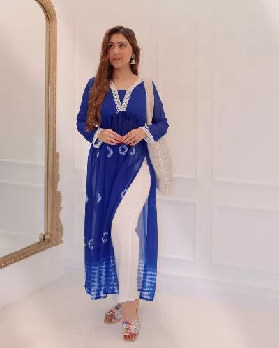 Blue Shaded Georgette Kurti With Pant Set Of 2