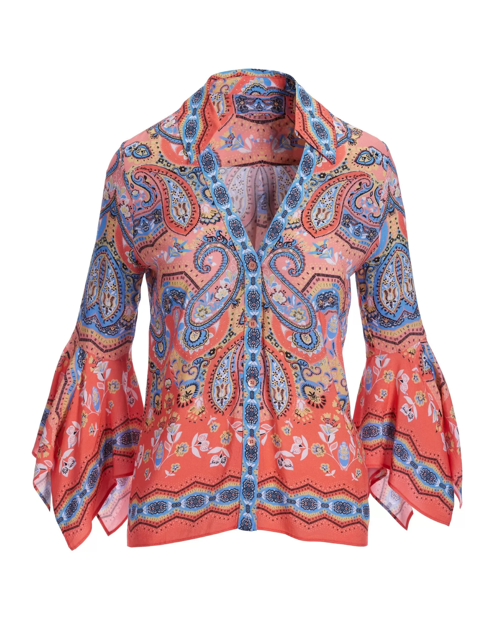 Border Print Flare Sleeve Shirt Multi